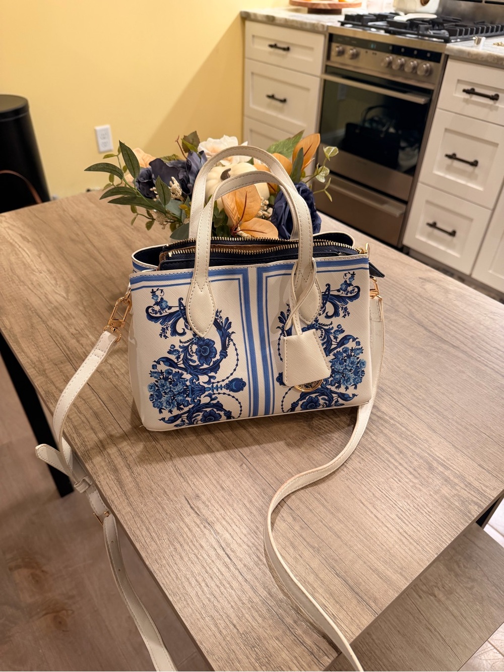 White and Blue Floral Print Satchel Bag